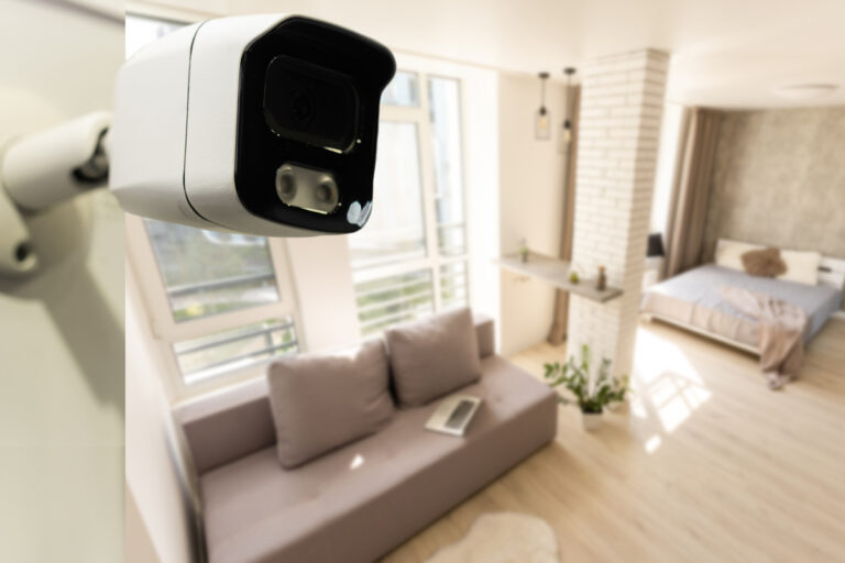 Close Up Object Shot of a Modern Wi-Fi Surveillance Camera on a White Wall in a Cozy Apartment Has Wi-Fi Icon Above it