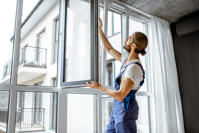 Workman in overalls installing or adjusting plastic windows in the living room at home